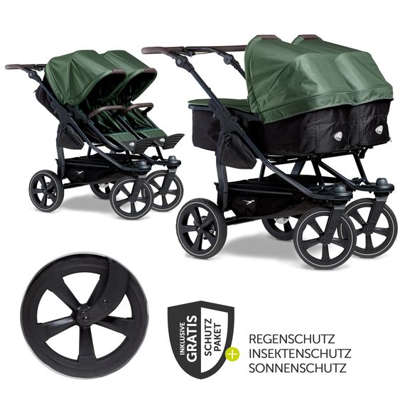 TFK Geschwister- & Zwillingskinderwagen Duo 2 mit Luftkammerreifen - 2x Kombi-Einheit (Wanne+Sitz) mit Liegeposition & XXL Zamboo Zubehör - Olive