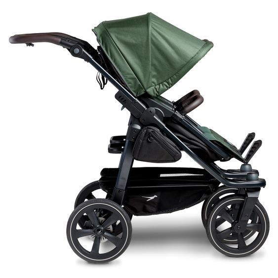 TFK Passeggino gemellare Duo 2 con pneumatici a camera d'aria - 2x unità combinata (navicella+seggiolino) con posizione reclinabile e accessori XXL Zamboo - Olive