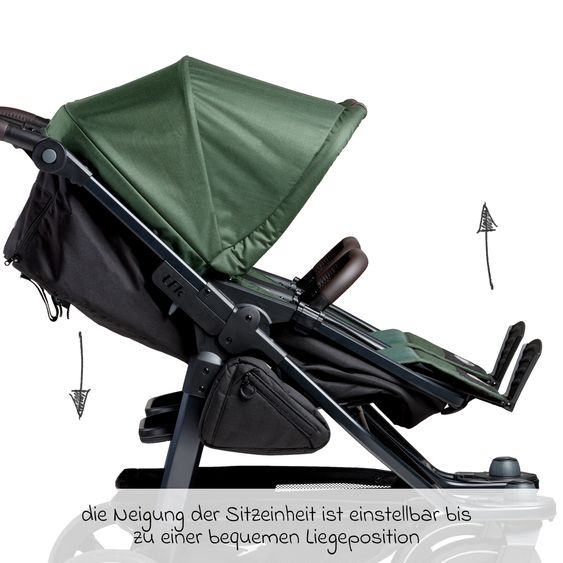 TFK Passeggino gemellare Duo 2 con pneumatici a camera d'aria - 2x unità combinata (navicella+seggiolino) con posizione reclinabile e accessori XXL Zamboo - Olive