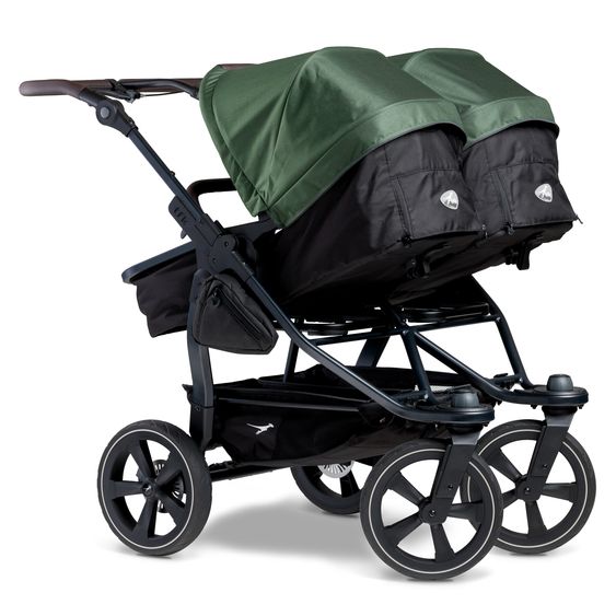 TFK Passeggino gemellare Duo 2 con pneumatici a camera d'aria - 2x unità combinata (navicella+seggiolino) con posizione reclinabile e accessori XXL Zamboo - Olive