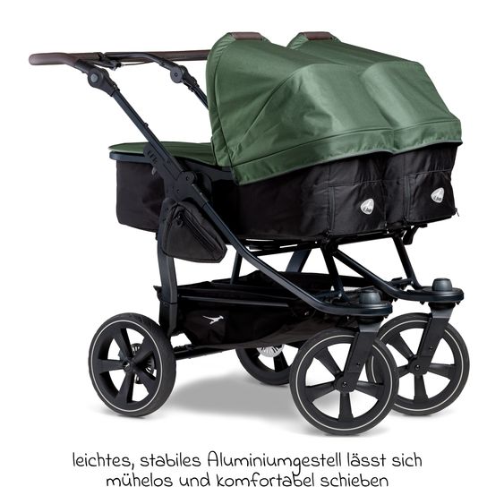 TFK Geschwister- & Zwillingskinderwagen Duo 2 mit Luftkammerreifen - 2x Kombi-Einheit (Wanne+Sitz) mit Liegeposition & XXL Zamboo Zubehör - Olive