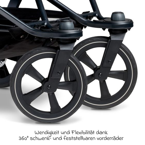 TFK Passeggino gemellare Duo 2 con pneumatici a camera d'aria - 2x unità combinata (navicella+seggiolino) con posizione reclinabile e accessori XXL Zamboo - Olive