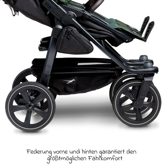 TFK Passeggino gemellare Duo 2 con pneumatici a camera d'aria - 2x unità combinata (navicella+seggiolino) con posizione reclinabile e accessori XXL Zamboo - Olive