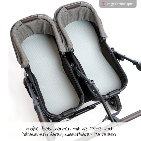 TFK Passeggino gemellare Duo 2 con pneumatici a camera d'aria - 2x unità combinata (navicella+seggiolino) con posizione reclinabile e accessori XXL Zamboo - Olive