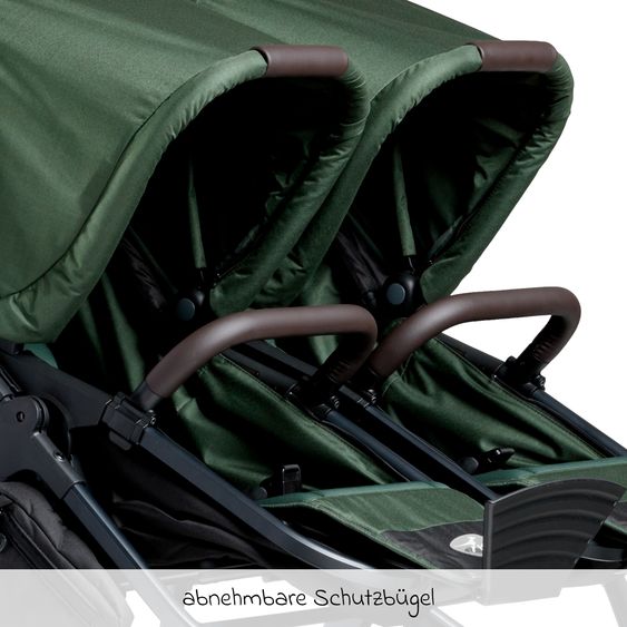 TFK Passeggino gemellare Duo 2 con pneumatici a camera d'aria - 2x unità combinata (navicella+seggiolino) con posizione reclinabile e accessori XXL Zamboo - Olive