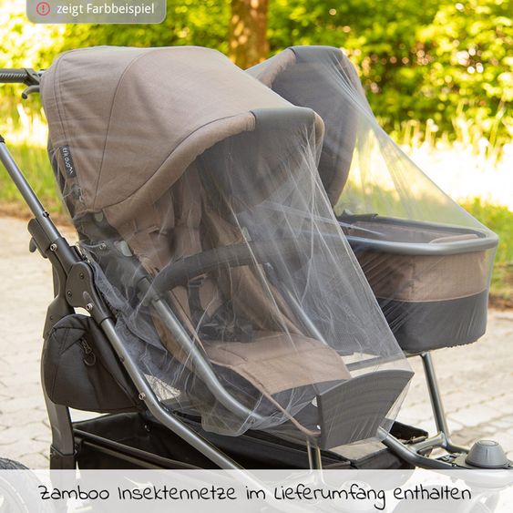 TFK Passeggino gemellare Duo 2 con pneumatici a camera d'aria - 2x unità combinata (navicella+seggiolino) con posizione reclinabile e accessori XXL Zamboo - Olive