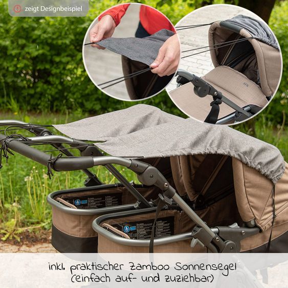 TFK Passeggino gemellare Duo 2 con pneumatici a camera d'aria - 2x unità combinata (navicella+seggiolino) con posizione reclinabile e accessori XXL Zamboo - Olive