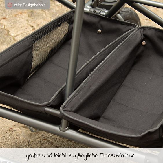 TFK Passeggino gemellare Duo 2 con pneumatici a camera d'aria - 2x unità combinata (navicella+seggiolino) con posizione reclinabile e accessori XXL Zamboo - Olive