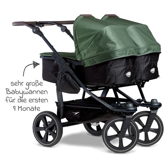 TFK Passeggino gemellare Duo 2 con pneumatici a camera d'aria - 2x unità combinata (navicella+seggiolino) con posizione reclinabile e accessori XXL Zamboo - Olive