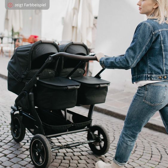 TFK Passeggino gemellare Duo 2 con pneumatici a camera d'aria - 2x unità combinata (navicella+seggiolino) con posizione reclinabile e accessori XXL Zamboo - Olive