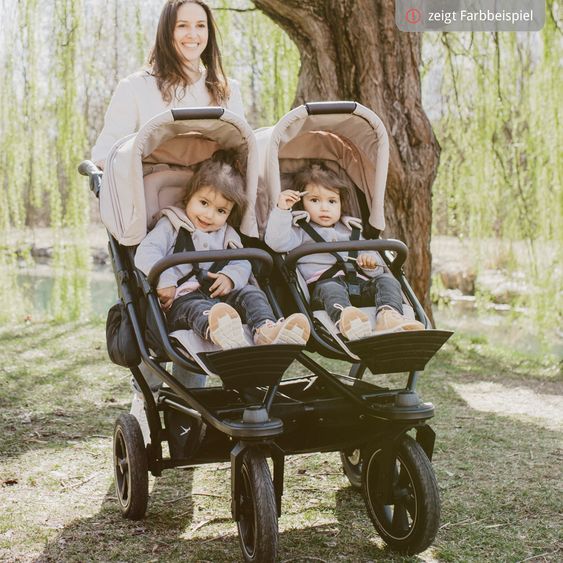 TFK Passeggino gemellare Duo 2 con pneumatici a camera d'aria - 2x unità combinata (navicella+seggiolino) con posizione reclinabile e accessori XXL Zamboo - Olive