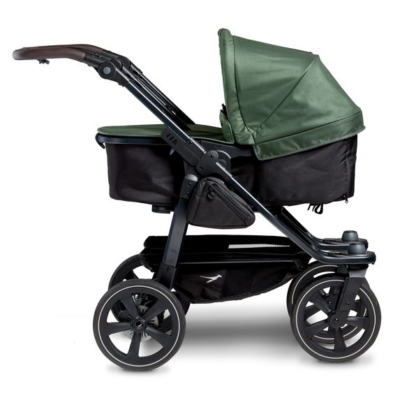 TFK Passeggino gemellare Duo 2 con pneumatici a camera d'aria - 2x unità combinata (navicella+seggiolino) con posizione reclinabile e accessori XXL Zamboo - Olive