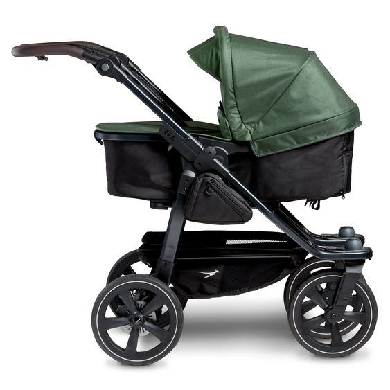 TFK Passeggino gemellare Duo 2 con pneumatici a camera d'aria - 2x unità combinata (navicella+seggiolino) con posizione reclinabile e accessori XXL Zamboo - Olive