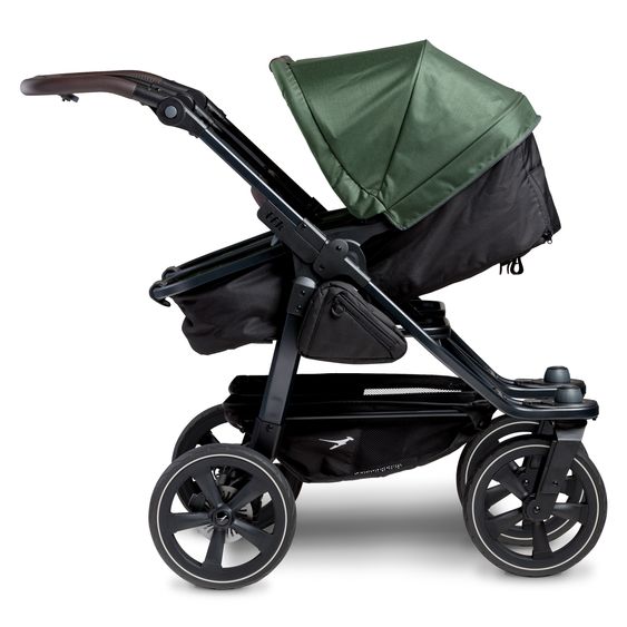 TFK Passeggino gemellare Duo 2 con pneumatici a camera d'aria - 2x unità combinata (navicella+seggiolino) con posizione reclinabile e accessori XXL Zamboo - Olive