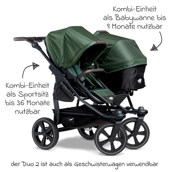 TFK Geschwister- & Zwillingskinderwagen Duo 2 mit Luftkammerreifen - 2x Kombi-Einheit (Wanne+Sitz) mit Liegeposition & XXL Zamboo Zubehör - Olive