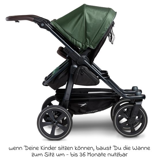 TFK Sibling & twin baby carriage Duo 2 with air chamber tires - 2x combi unit (carrycot+seat) with reclining position & XXL Zamboo accessories - Olive