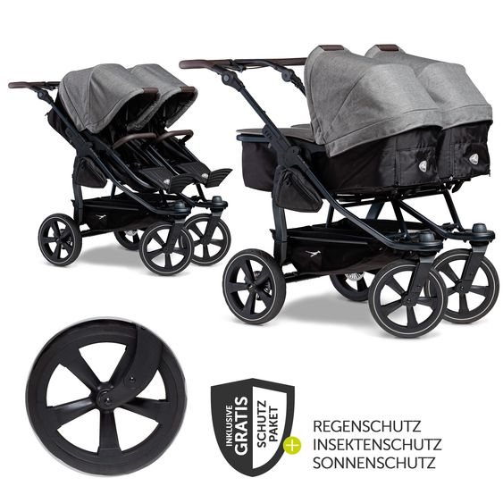 TFK Geschwister- & Zwillingskinderwagen Duo 2 mit Luftkammerreifen - 2x Kombi-Einheit (Wanne+Sitz) mit Liegeposition & XXL Zamboo Zubehör - Premium Grau