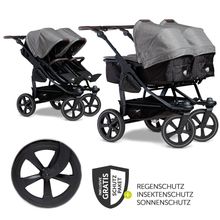 Passeggino gemellare Duo 2 con pneumatici a camera d'aria - 2x unità combinata (navicella+seggiolino) con posizione reclinabile e accessori XXL Zamboo - Grigio Premium