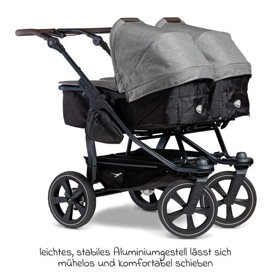 TFK Geschwister- & Zwillingskinderwagen Duo 2 mit Luftkammerreifen - 2x Kombi-Einheit (Wanne+Sitz) mit Liegeposition & XXL Zamboo Zubehör - Premium Grau