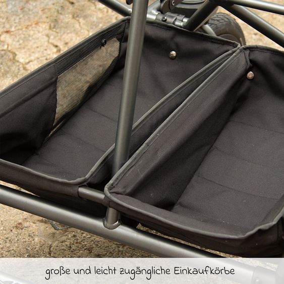 TFK Geschwister- & Zwillingskinderwagen Duo 2 mit Luftkammerreifen - 2x Kombi-Einheit (Wanne+Sitz) mit Liegeposition & XXL Zamboo Zubehör - Premium Grau