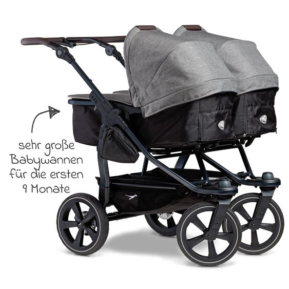 TFK Geschwister- & Zwillingskinderwagen Duo 2 mit Luftkammerreifen - 2x Kombi-Einheit (Wanne+Sitz) mit Liegeposition & XXL Zamboo Zubehör - Premium Grau