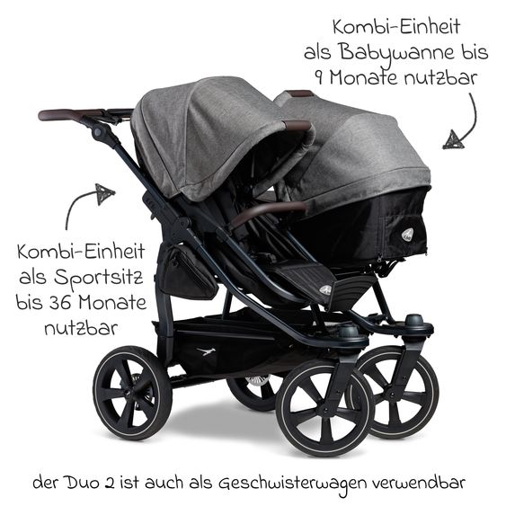 TFK Geschwister- & Zwillingskinderwagen Duo 2 mit Luftkammerreifen - 2x Kombi-Einheit (Wanne+Sitz) mit Liegeposition & XXL Zamboo Zubehör - Premium Grau