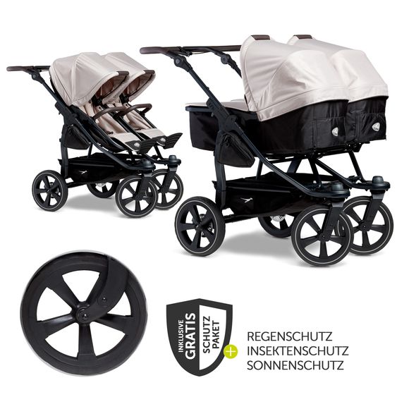 TFK Geschwister- & Zwillingskinderwagen Duo 2 mit Luftkammerreifen - 2x Kombi-Einheit (Wanne+Sitz) mit Liegeposition & XXL Zamboo Zubehör - Sand