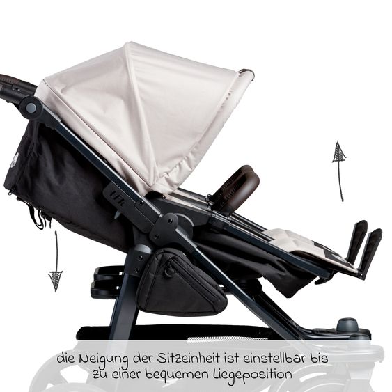 TFK Passeggino gemellare Duo 2 con pneumatici a camera d'aria - 2x unità combinata (navicella+seggiolino) con posizione reclinabile e accessori XXL Zamboo - Sabbia