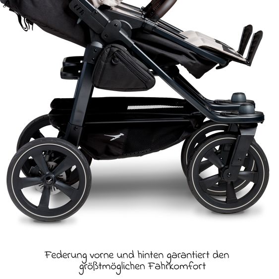 TFK Passeggino gemellare Duo 2 con pneumatici a camera d'aria - 2x unità combinata (navicella+seggiolino) con posizione reclinabile e accessori XXL Zamboo - Sabbia