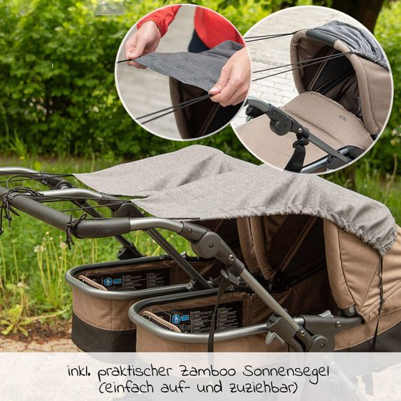 TFK Passeggino gemellare Duo 2 con pneumatici a camera d'aria - 2x unità combinata (navicella+seggiolino) con posizione reclinabile e accessori XXL Zamboo - Sabbia