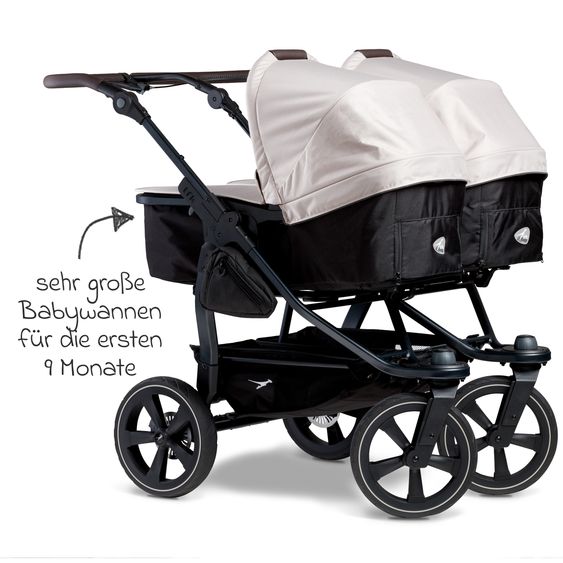 TFK Passeggino gemellare Duo 2 con pneumatici a camera d'aria - 2x unità combinata (navicella+seggiolino) con posizione reclinabile e accessori XXL Zamboo - Sabbia