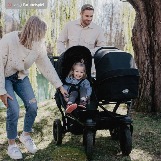 TFK Passeggino gemellare Duo 2 con pneumatici a camera d'aria - 2x unità combinata (navicella+seggiolino) con posizione reclinabile e accessori XXL Zamboo - Sabbia