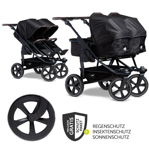 TFK Passeggino gemellare Duo 2 con pneumatici a camera d'aria - 2x unità combinata (navicella+seggiolino) con posizione reclinabile e accessori XXL Zamboo - nero