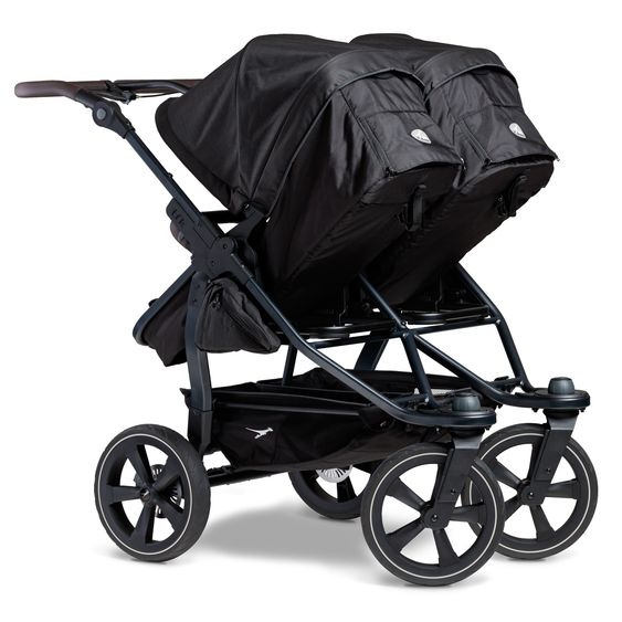 TFK Passeggino gemellare Duo 2 con pneumatici a camera d'aria - 2x unità combinata (navicella+seggiolino) con posizione reclinabile e accessori XXL Zamboo - nero