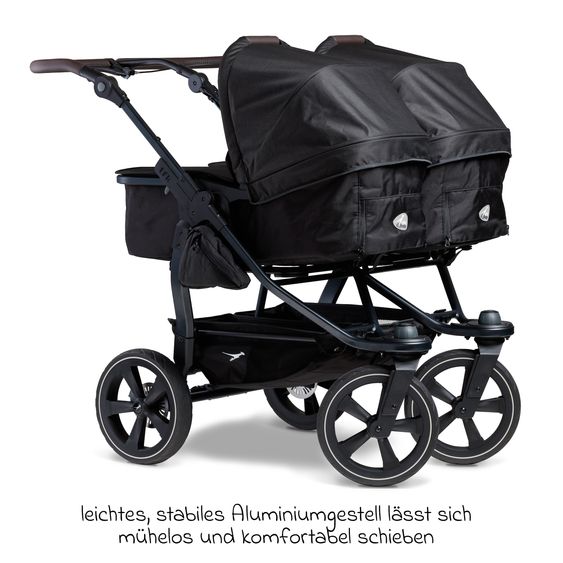 TFK Passeggino gemellare Duo 2 con pneumatici a camera d'aria - 2x unità combinata (navicella+seggiolino) con posizione reclinabile e accessori XXL Zamboo - nero