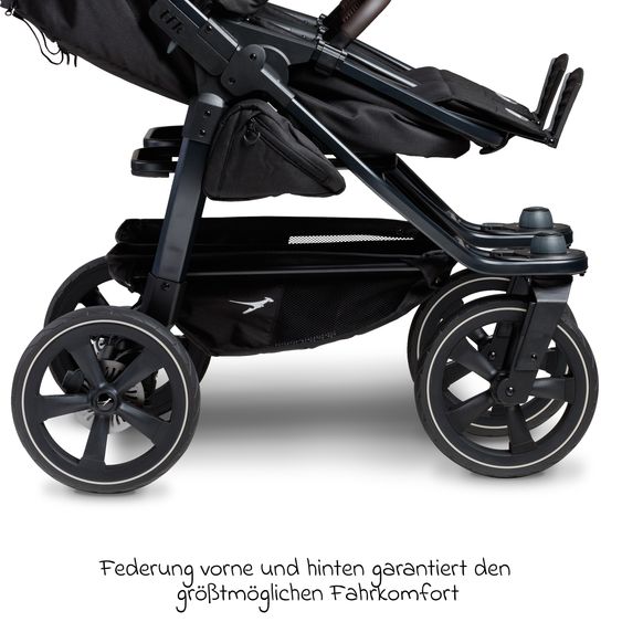 TFK Passeggino gemellare Duo 2 con pneumatici a camera d'aria - 2x unità combinata (navicella+seggiolino) con posizione reclinabile e accessori XXL Zamboo - nero