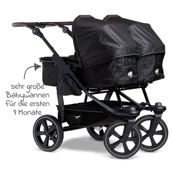 TFK Passeggino gemellare Duo 2 con pneumatici a camera d'aria - 2x unità combinata (navicella+seggiolino) con posizione reclinabile e accessori XXL Zamboo - nero