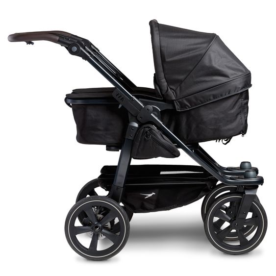 TFK Passeggino gemellare Duo 2 con pneumatici a camera d'aria - 2x unità combinata (navicella+seggiolino) con posizione reclinabile e accessori XXL Zamboo - nero