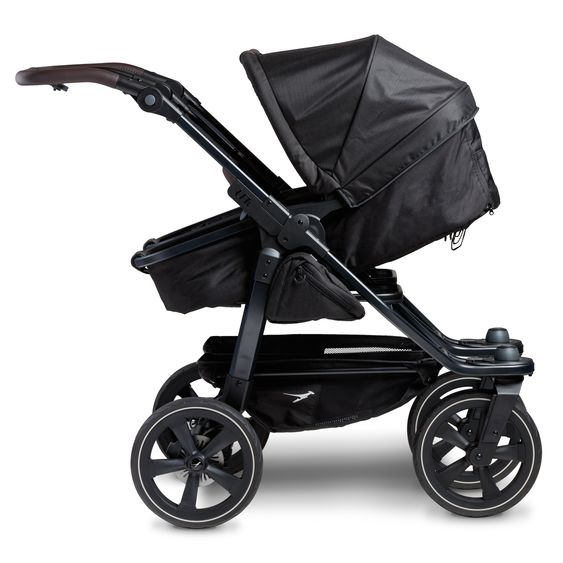 TFK Passeggino gemellare Duo 2 con pneumatici a camera d'aria - 2x unità combinata (navicella+seggiolino) con posizione reclinabile e accessori XXL Zamboo - nero