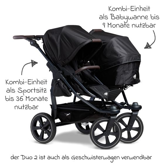 TFK Geschwister- & Zwillingskinderwagen Duo 2 mit Luftkammerreifen - 2x Kombi-Einheit (Wanne+Sitz) mit Liegeposition & XXL Zamboo Zubehör - Schwarz