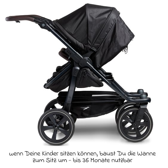 TFK Sibling & twin stroller Duo 2 with air chamber tires - 2x combination unit (carrycot+seat) with reclining position & XXL Zamboo accessories - black