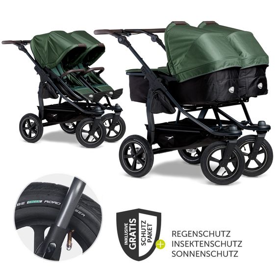 TFK Sibling & twin baby carriage Duo 2 with pneumatic tires - 2x combination unit (carrycot+seat) with reclining position & XXL Zamboo accessories - Olive