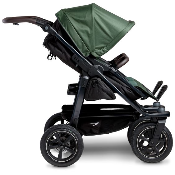 TFK Sibling & twin baby carriage Duo 2 with pneumatic tires - 2x combination unit (carrycot+seat) with reclining position & XXL Zamboo accessories - Olive