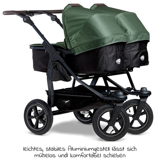 TFK Sibling & twin baby carriage Duo 2 with pneumatic tires - 2x combination unit (carrycot+seat) with reclining position & XXL Zamboo accessories - Olive