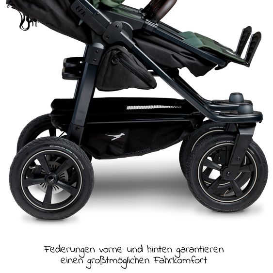 TFK Sibling & twin baby carriage Duo 2 with pneumatic tires - 2x combination unit (carrycot+seat) with reclining position & XXL Zamboo accessories - Olive