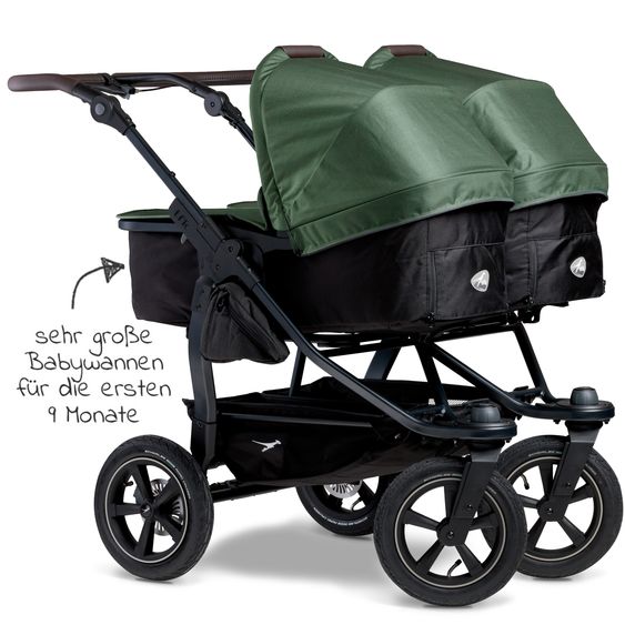 TFK Sibling & twin baby carriage Duo 2 with pneumatic tires - 2x combination unit (carrycot+seat) with reclining position & XXL Zamboo accessories - Olive