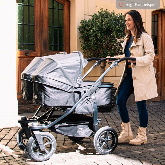 TFK Sibling & twin baby carriage Duo 2 with pneumatic tires - 2x combination unit (carrycot+seat) with reclining position & XXL Zamboo accessories - Olive