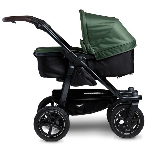 TFK Sibling & twin baby carriage Duo 2 with pneumatic tires - 2x combination unit (carrycot+seat) with reclining position & XXL Zamboo accessories - Olive