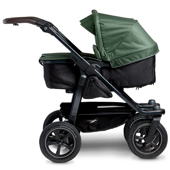 TFK Sibling & twin baby carriage Duo 2 with pneumatic tires - 2x combination unit (carrycot+seat) with reclining position & XXL Zamboo accessories - Olive