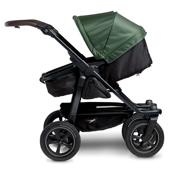 TFK Sibling & twin baby carriage Duo 2 with pneumatic tires - 2x combination unit (carrycot+seat) with reclining position & XXL Zamboo accessories - Olive